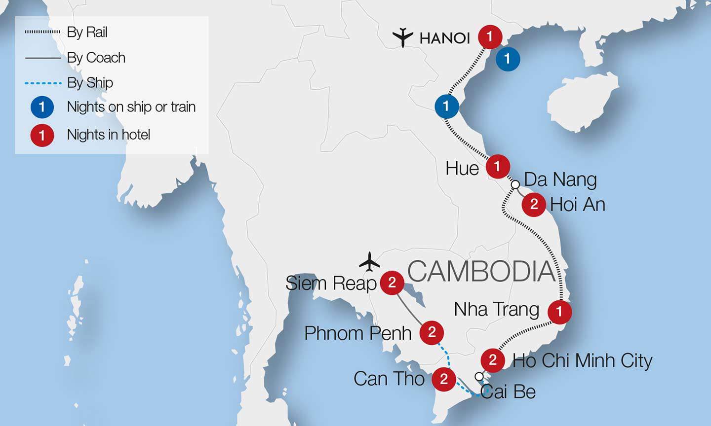 tourhub | Great Rail Journeys | Grand Tour of Vietnam &amp; Cambodia | VMG20 | Route Map