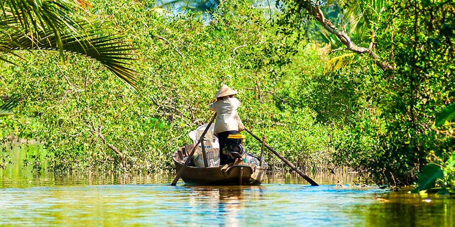 A wooden river boat is guided through the verdant green waters of the Mekong Delta.