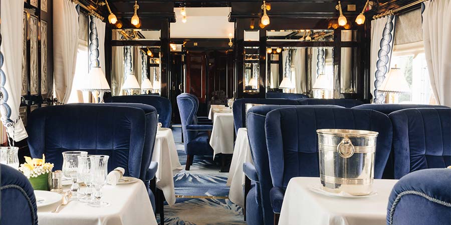 Côte d’Azur dining car aboard the Venice Simplon Orient Express. 