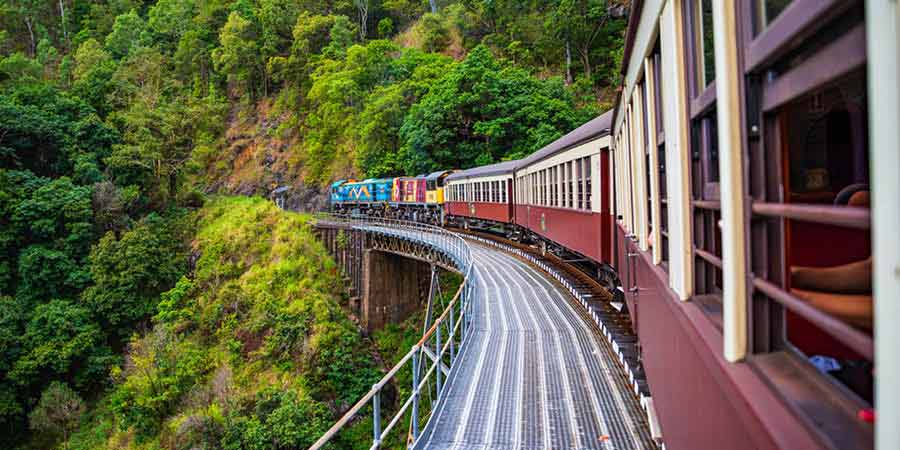 Riding the Kuranda Scenic Railway into the rainforest