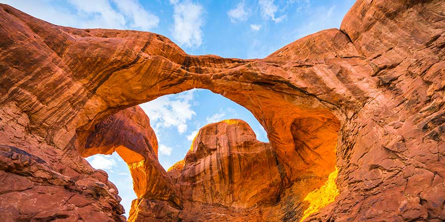 Looking up at the formations of Arches National Park